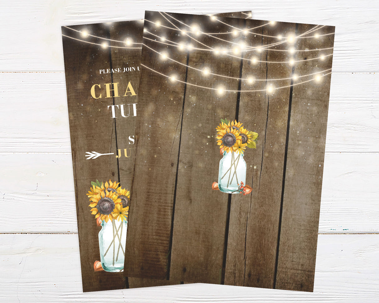 Sunflower Birthday Invitation with rustic wood plank and string lights design.