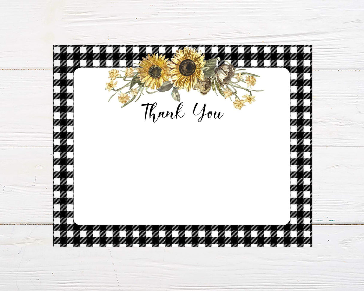 A bridal sunflower shower thank you card with sunflowers and a black and white gingham background. The design features rustic floral artwork and elegant text and a square white space to write heartfelt messages to guests..