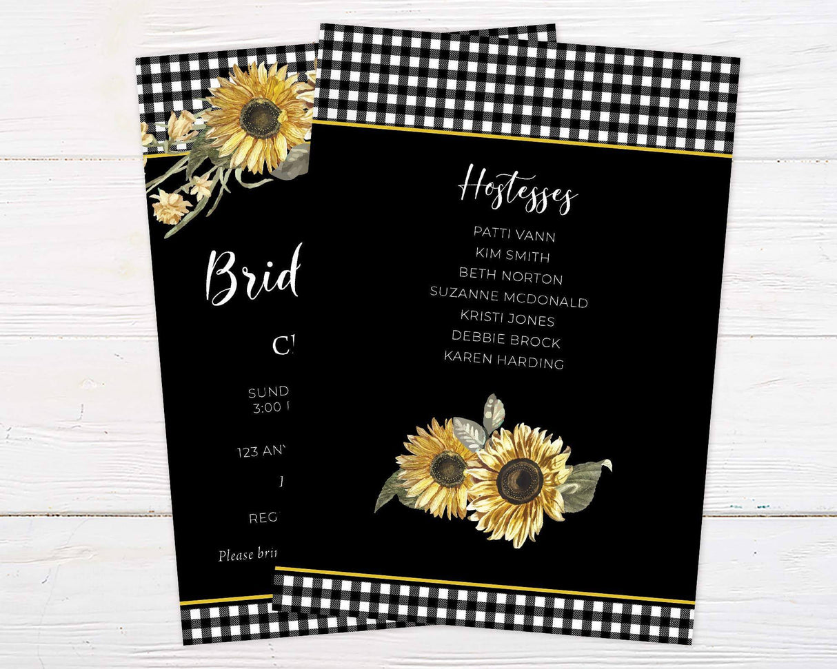 A bridal sunflower shower invitation with sunflowers and a black and white gingham background. The design features rustic floral artwork and elegant text. - back.