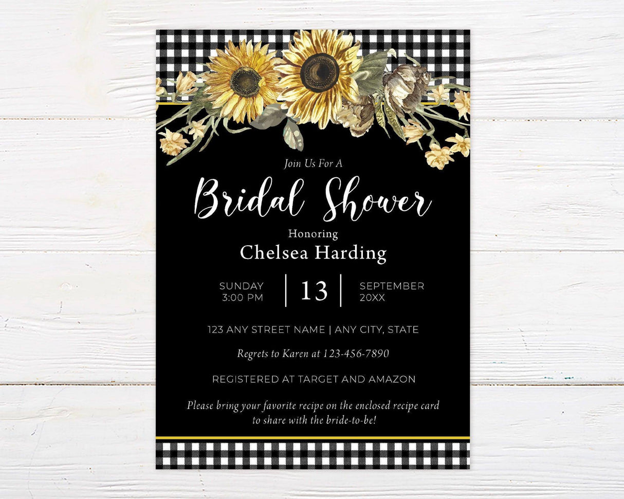 A bridal sunflower shower invitation with sunflowers and a black and white gingham background. The design features rustic floral artwork and elegant text.