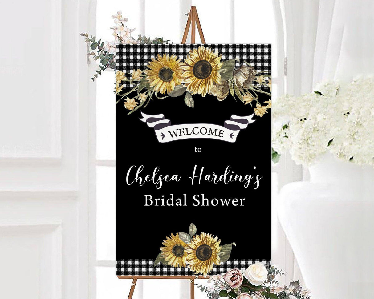 A bridal sunflower shower sign with sunflowers and a black and white gingham background. The design features rustic floral artwork and elegant text.