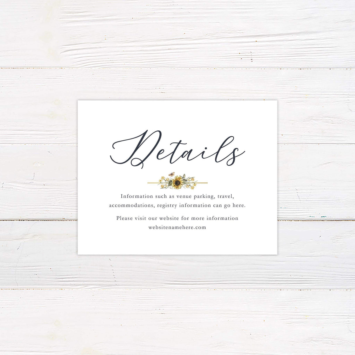 Wedding details card with matching sunflower and butterfly floral design and ample space for venue or travel information.