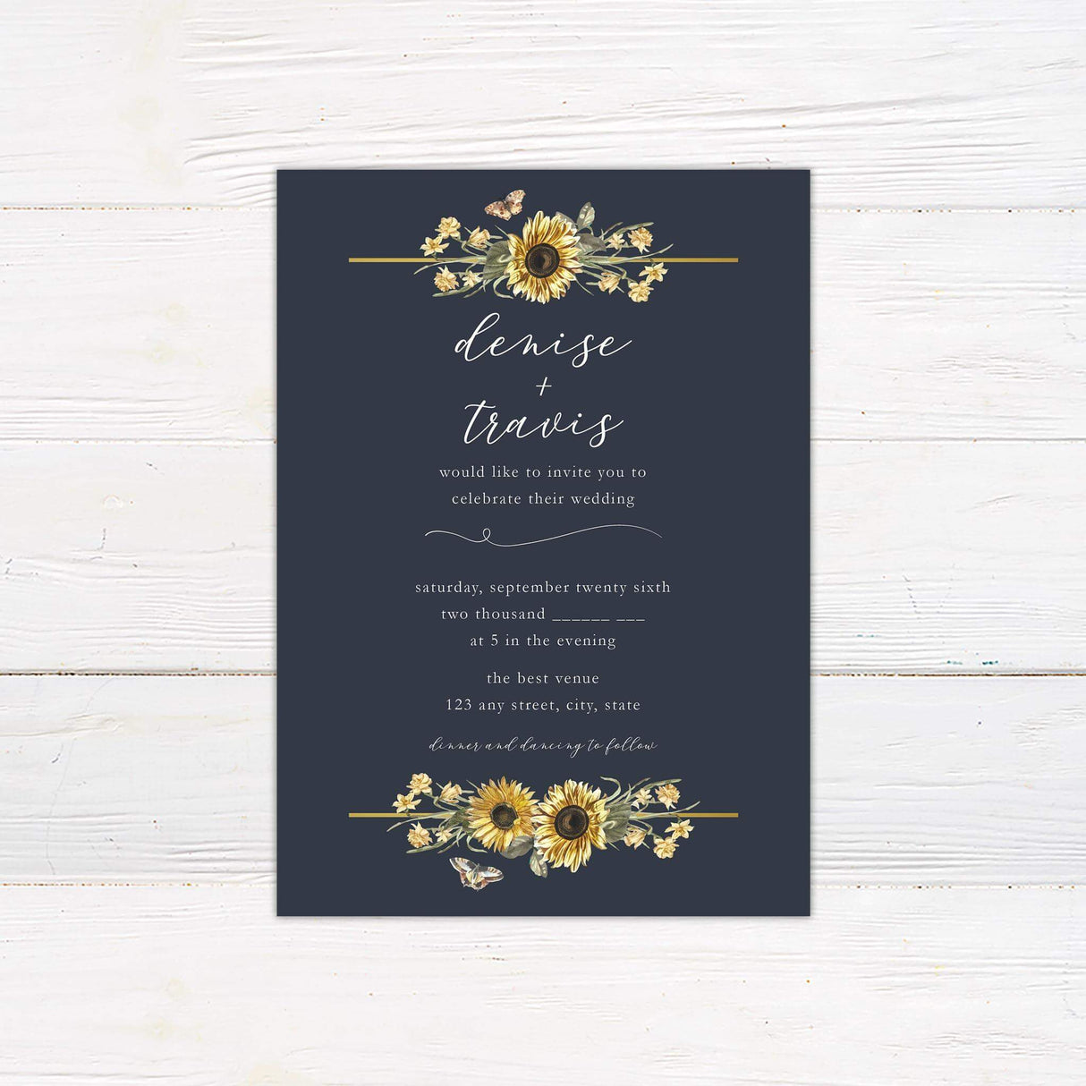 Wedding invitation with watercolor sunflowers, cream florals, and butterflies on a navy blue background with gold lines and script fonts.