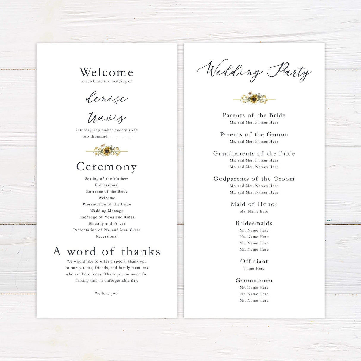 Wedding ceremony program with vertical layout, sunflower floral accents, and matching typography for a cohesive look.
