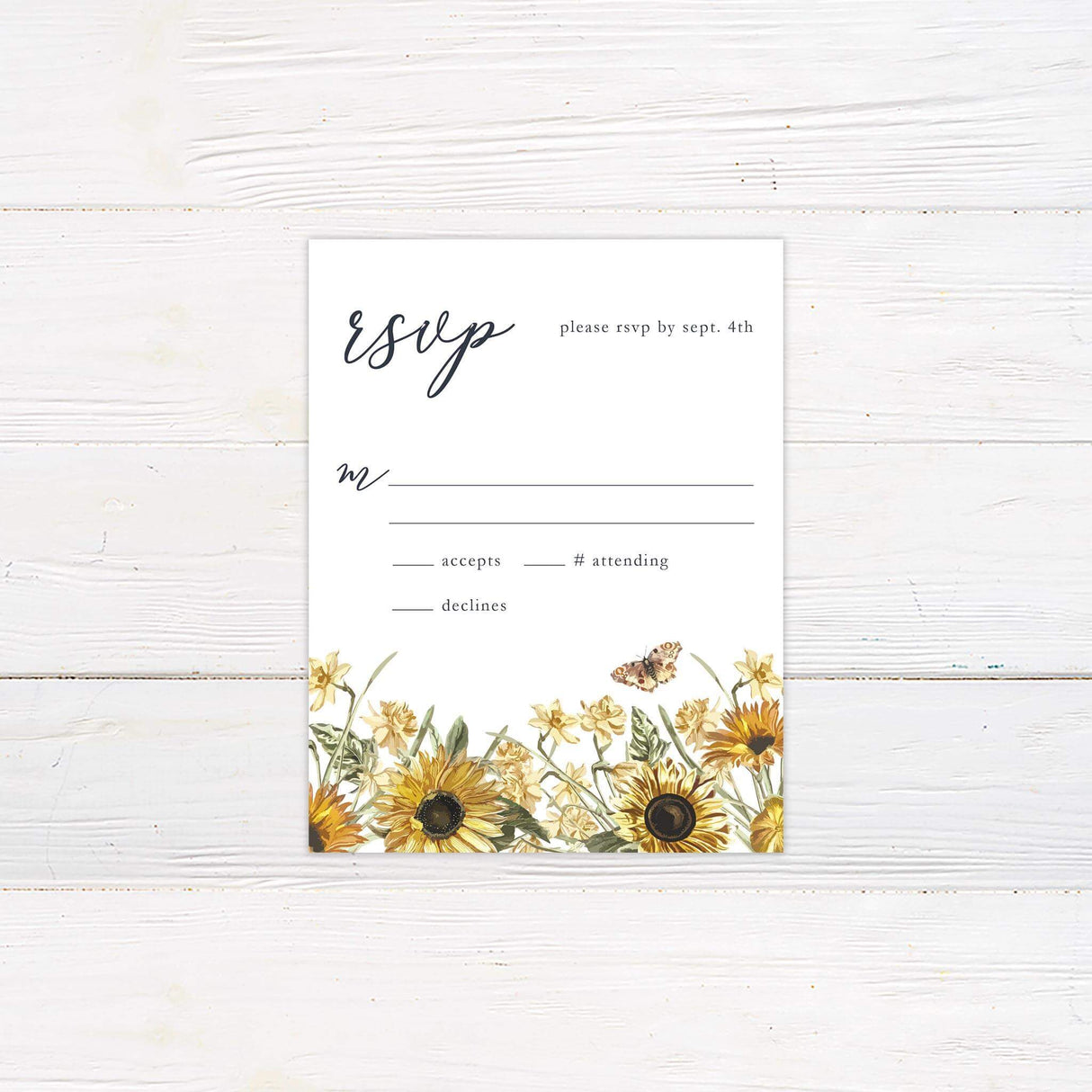 RSVP card featuring coordinating sunflowers and butterflies with elegant script and serif fonts on a navy background.