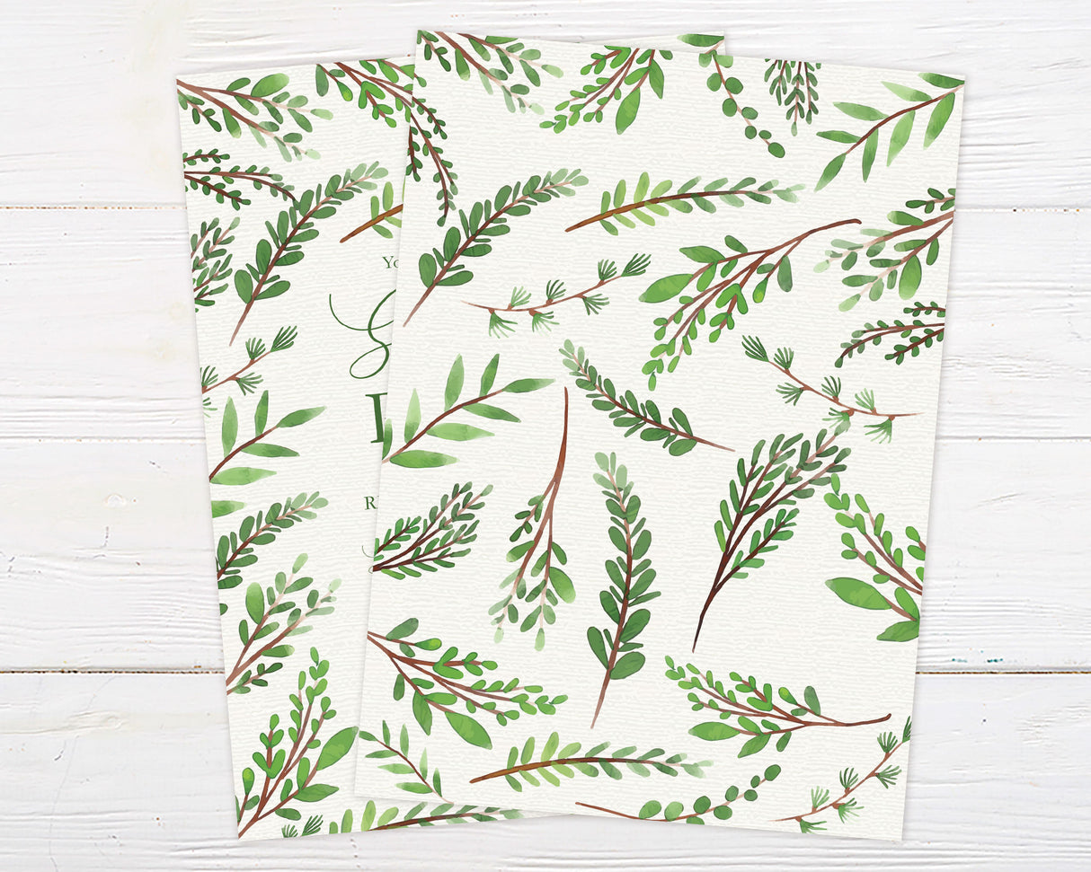 Rustic botanical invite with watercolor leaves for Surprise Party. Elegant greenery birthday invitation on textured background.