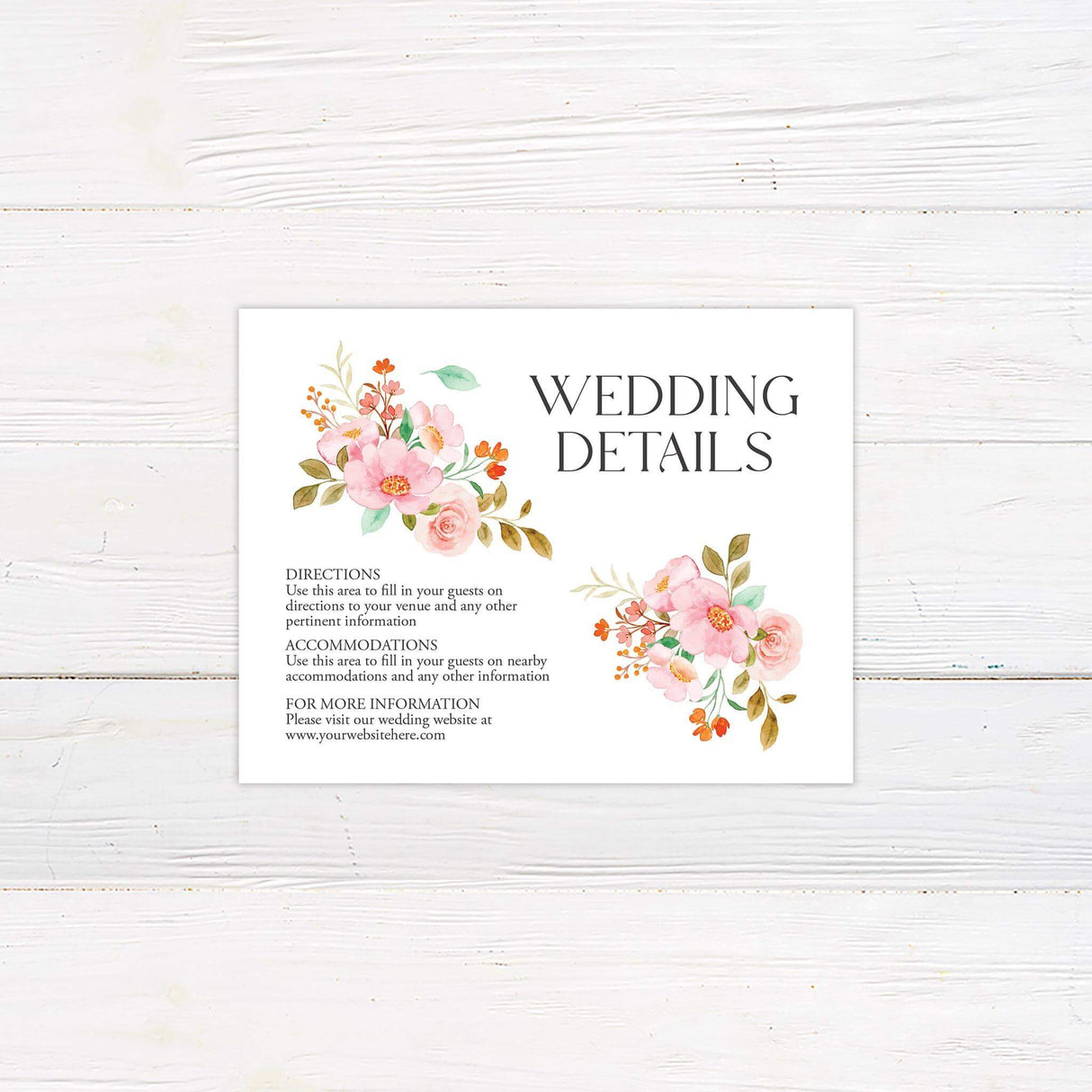 Detail card featuring coordinating blush and coral flowers, ideal for providing travel and accommodation info.