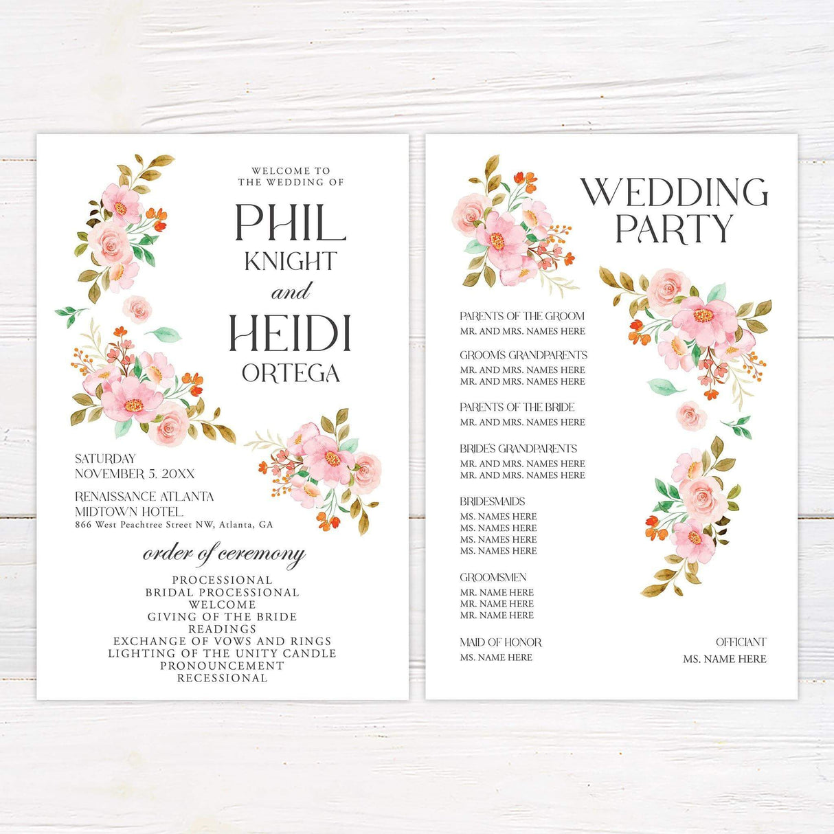 Wedding program with matching floral vine elements and structured layout for ceremony details.
