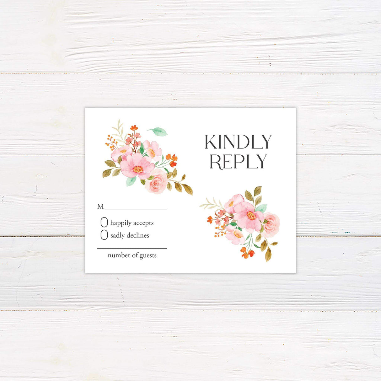 RSVP card with matching floral elements and elegant serif and script fonts on white background.