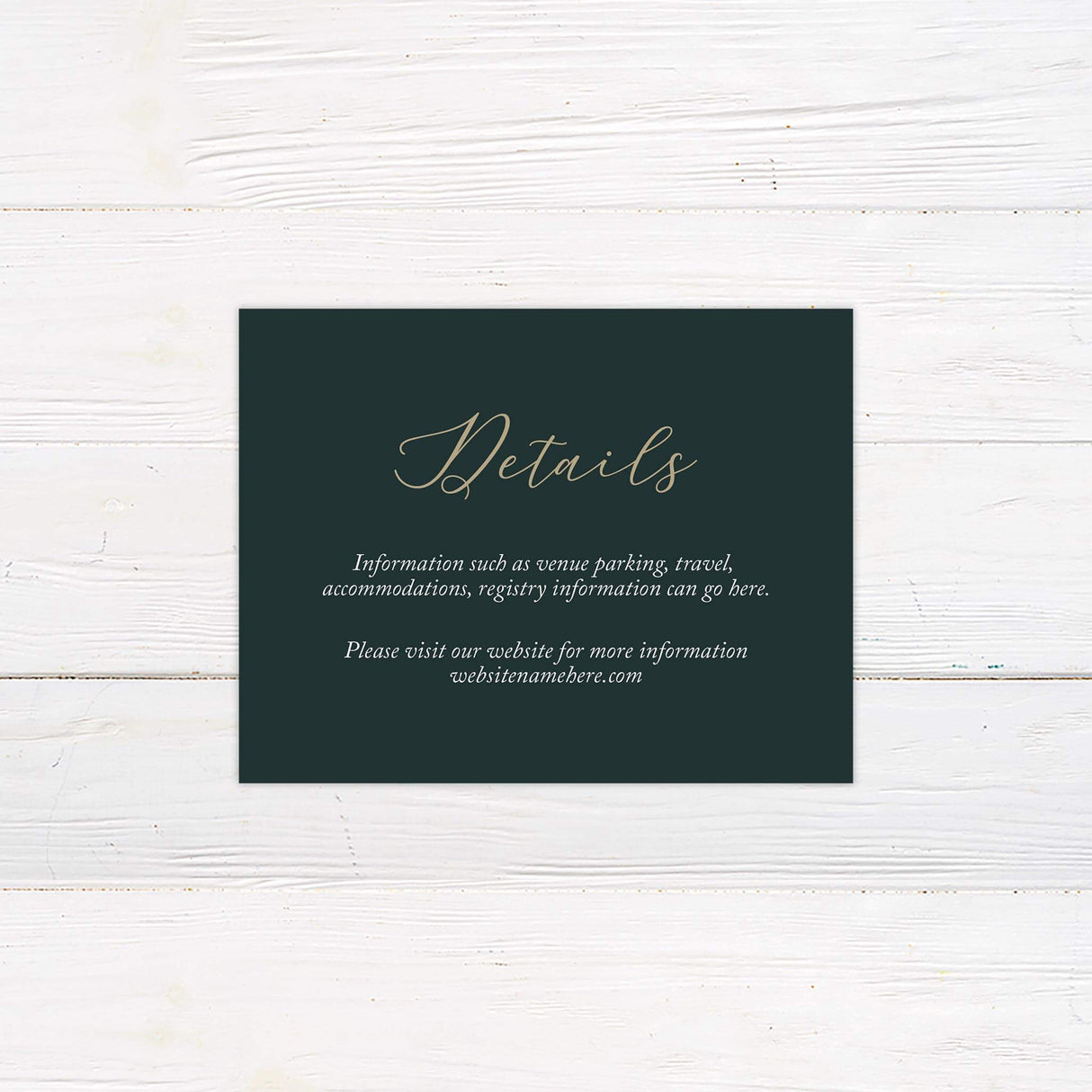 Detail card featuring coordinating leafy design and structured layout for extra event information.