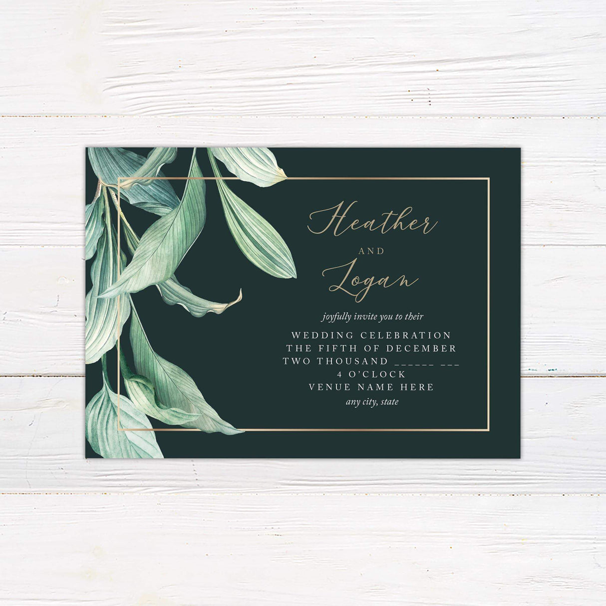 Elegant dark green wedding invitation with sweeping watercolor greenery and gold script text, designed for formal botanical or winter weddings.