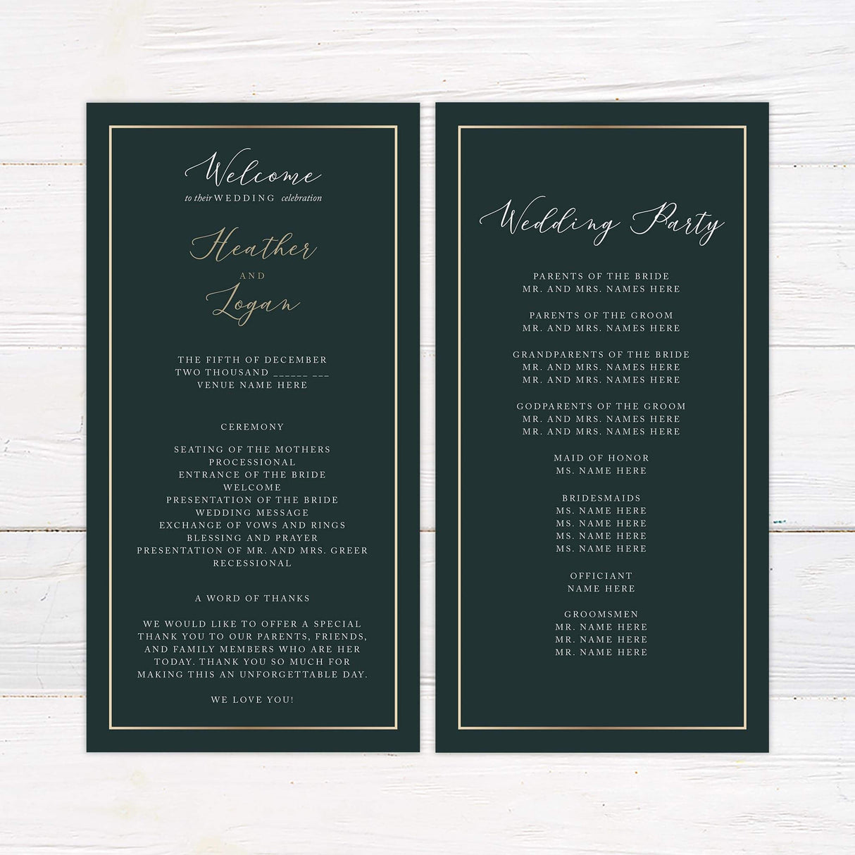 Wedding program with green botanical edges and elegant serif headings for ceremony and bridal party details.