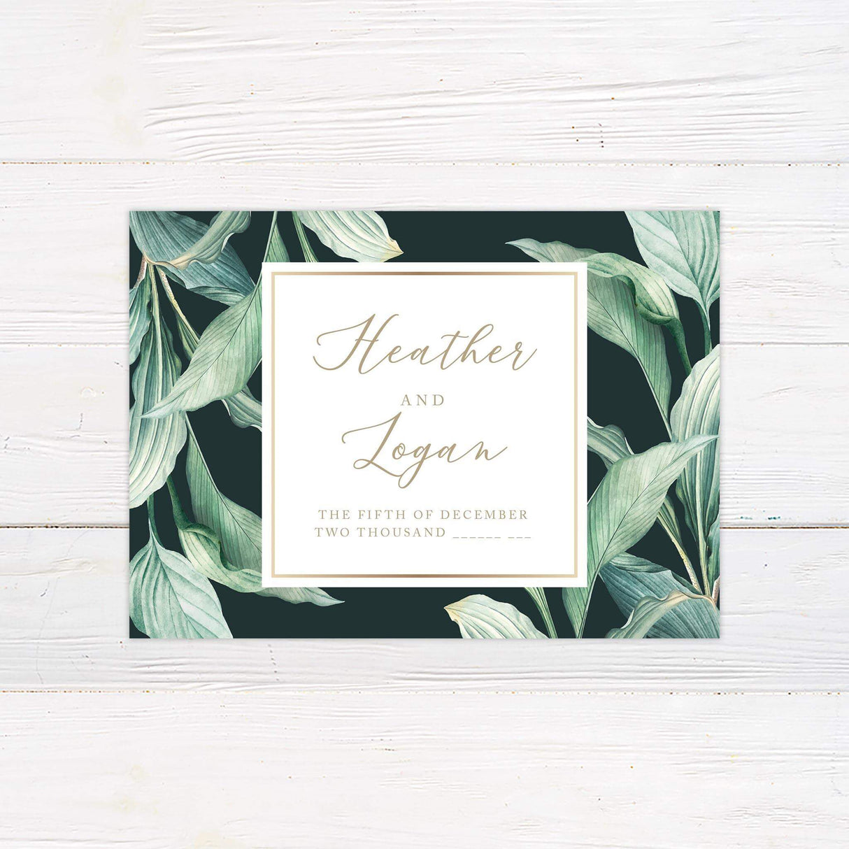 Save the Date card with deep green background and sweeping botanical accents in soft sage and olive tones.