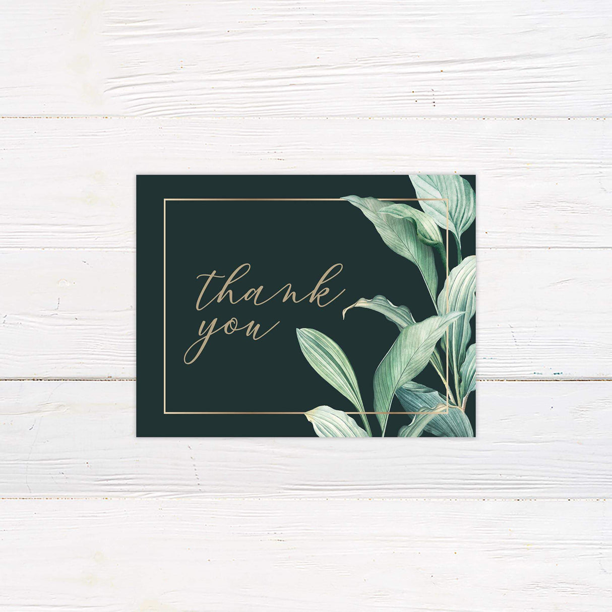 Thank you card with matching foliage and formal fonts, coordinating with the Sweeping Greenery wedding suite.