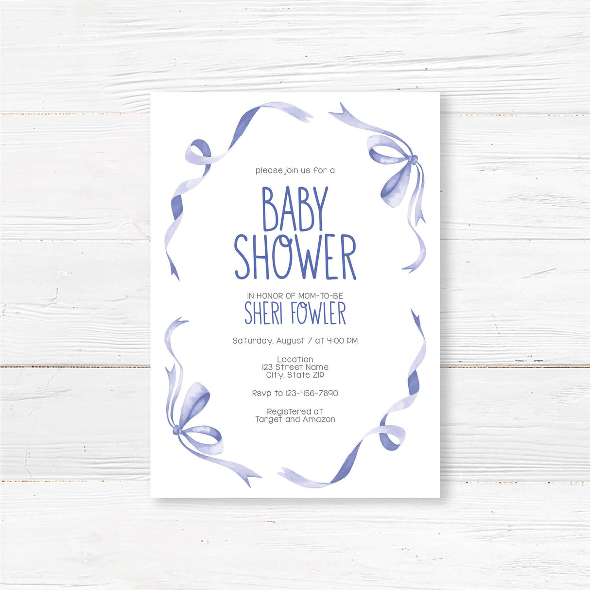 Sweet Ribbons and Bows Invitation for baby shower with elegant design and ribbons, printed on premium cardstock for personalized touch.