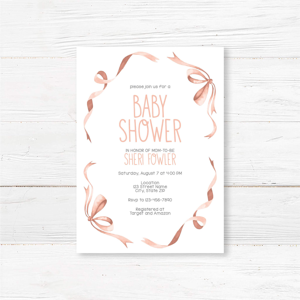 Sweet Ribbons and Bows baby shower invitation with pink ribbon accents, featuring classic layout ideal for baby boy or gender-neutral events.