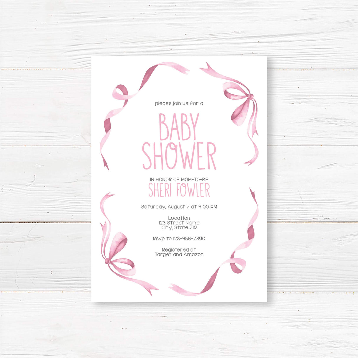 Sweet Ribbons and Bows baby shower invitation with pink ribbon design on white background, personalized for an elegant celebration.