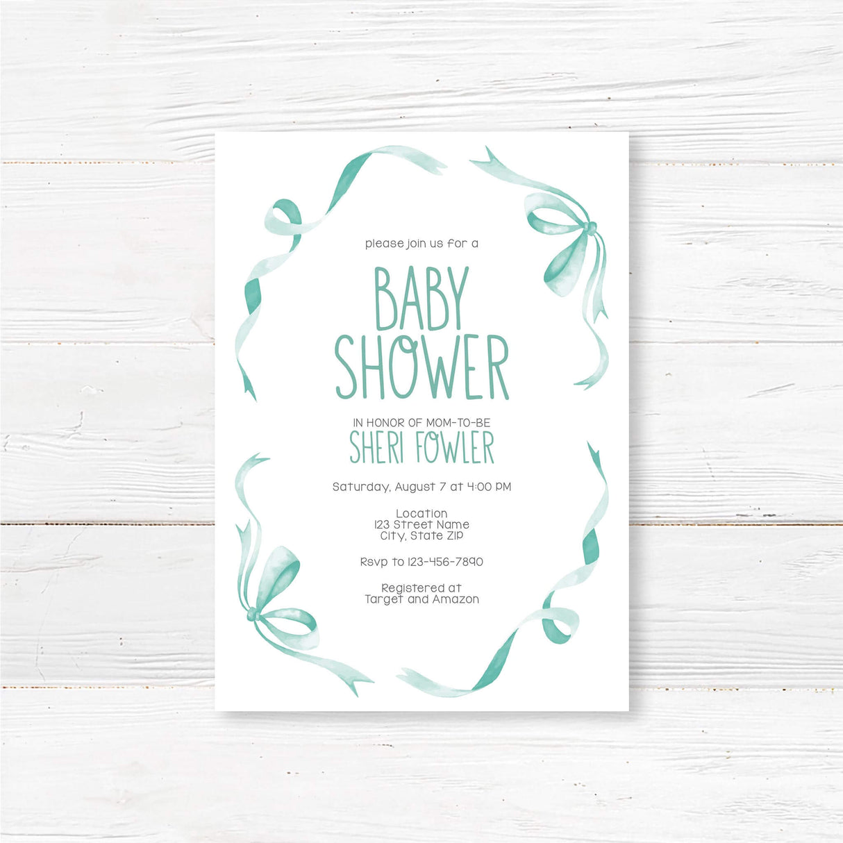 Sweet Ribbons and Bows baby shower invitation with teal ribbon design, printed on premium cardstock.