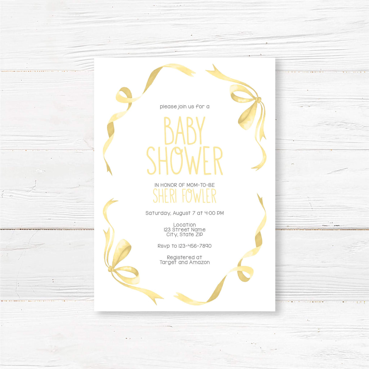 Sweet Ribbons and Bows baby shower invitation with gold ribbon accents on premium cardstock, customizable for gender-neutral events.