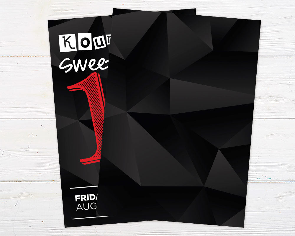 Sweet Sixteen Birthday Invitation with bold red and black geometric design on modern party invite.