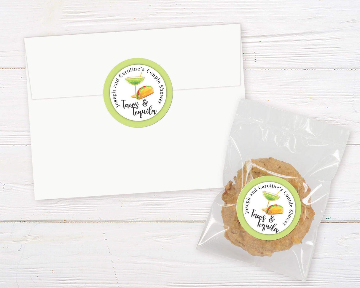 Tacos and Tequila shower invitation with custom cookie and envelope on white background, perfect for bridal shower events.
