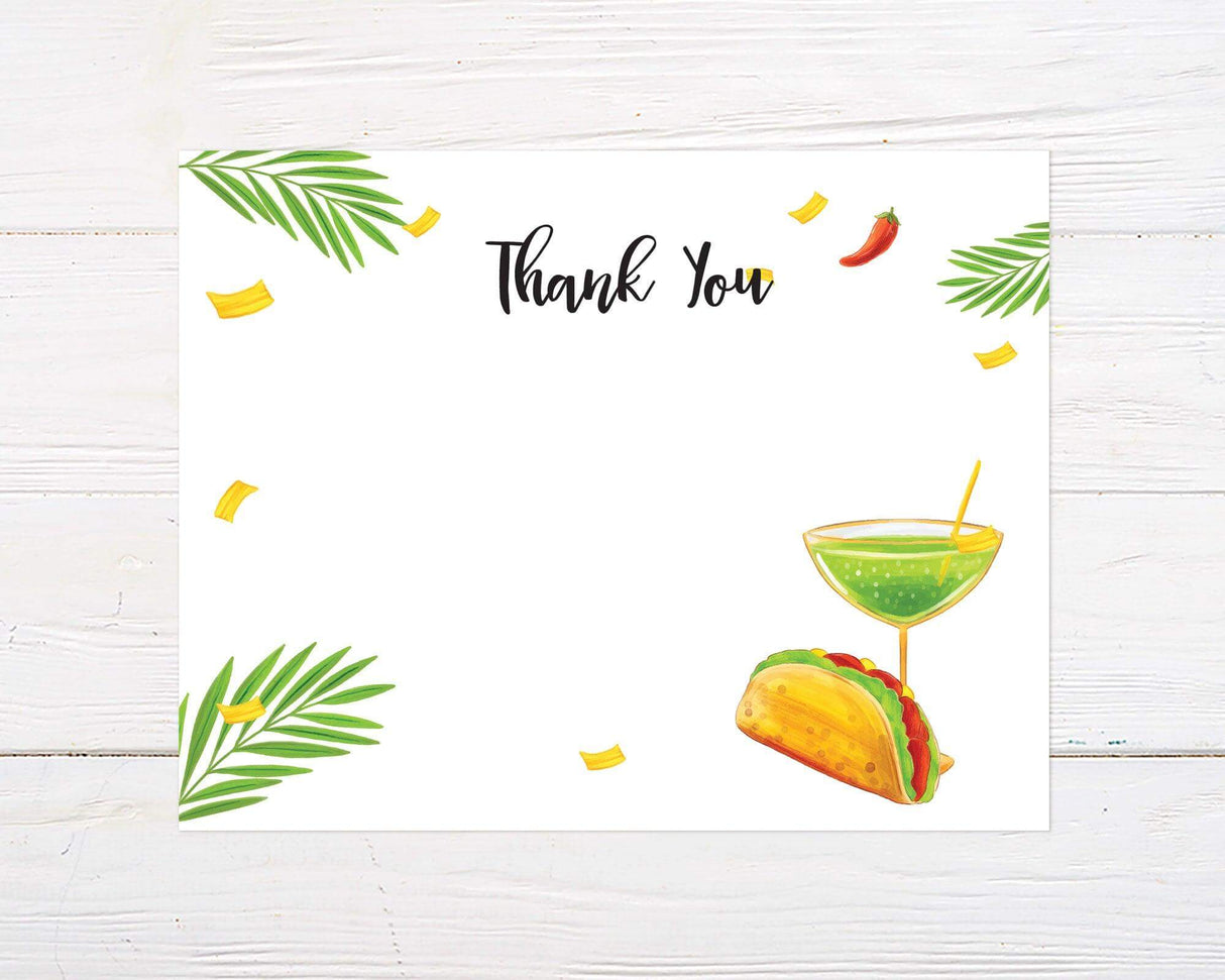 Bridal shower invitation with tacos, tequila cocktail, and "Thank You" text on white background with green leaves and confetti.