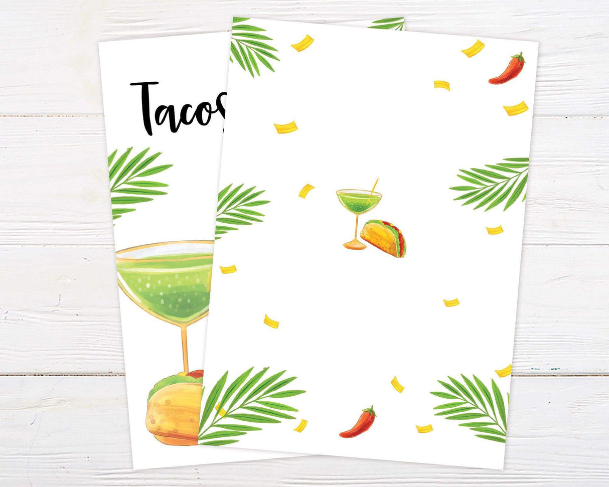 Tacos and Tequila bridal shower invitation with margarita, taco, and festive decorations on a white background.