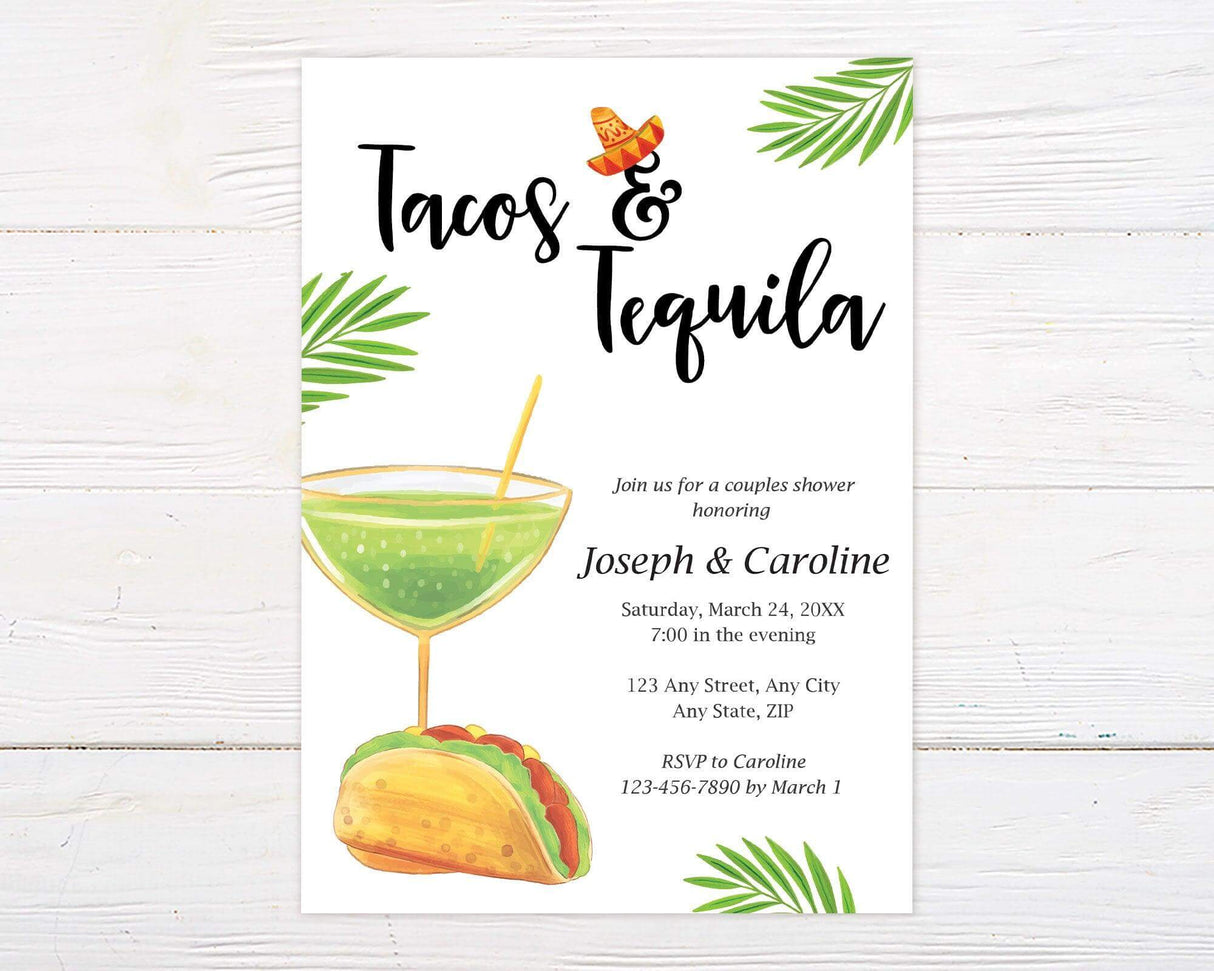 Tacos and Tequila themed bridal shower invitation featuring a margarita and taco illustration, with event details for Joseph and Caroline.