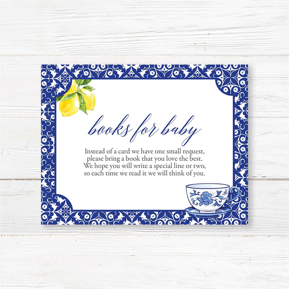 Books for Baby insert card featuring a blue floral tea cup and lemons, designed to match a Tea Party baby shower theme.