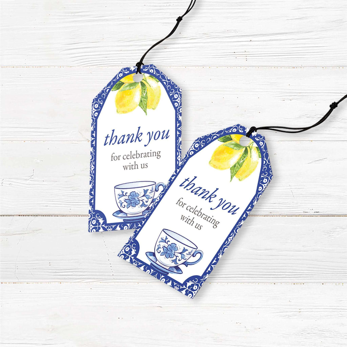 Baby shower favor tag featuring a blue floral tea cup and lemons, perfect for gift bags, party favors, and elegant tea party décor.