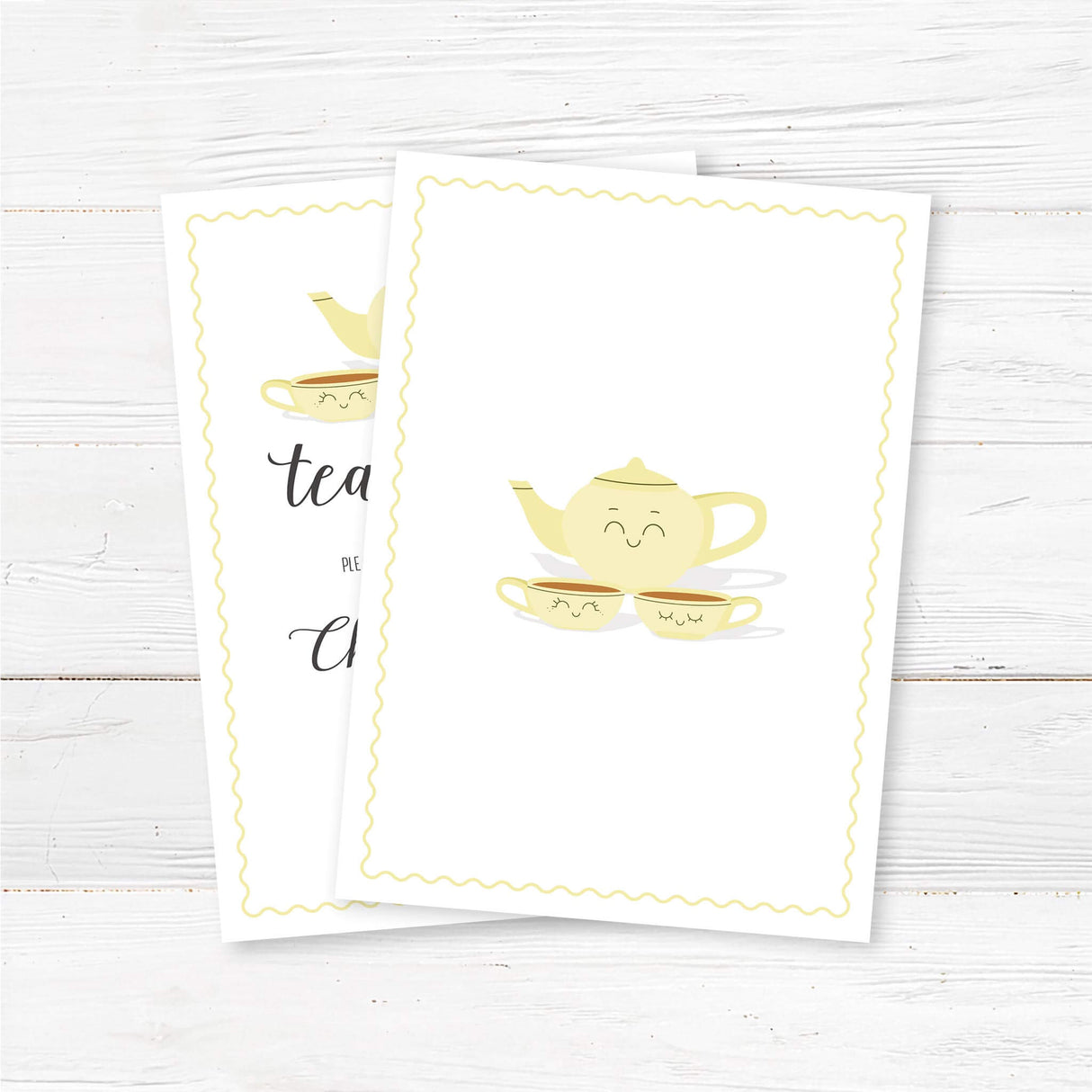 Printed Tea for Two baby shower invitation featuring a cute smiling teapot and teacups, elegant script font, and soft pastel colors. Perfect for a tea-themed baby shower. back