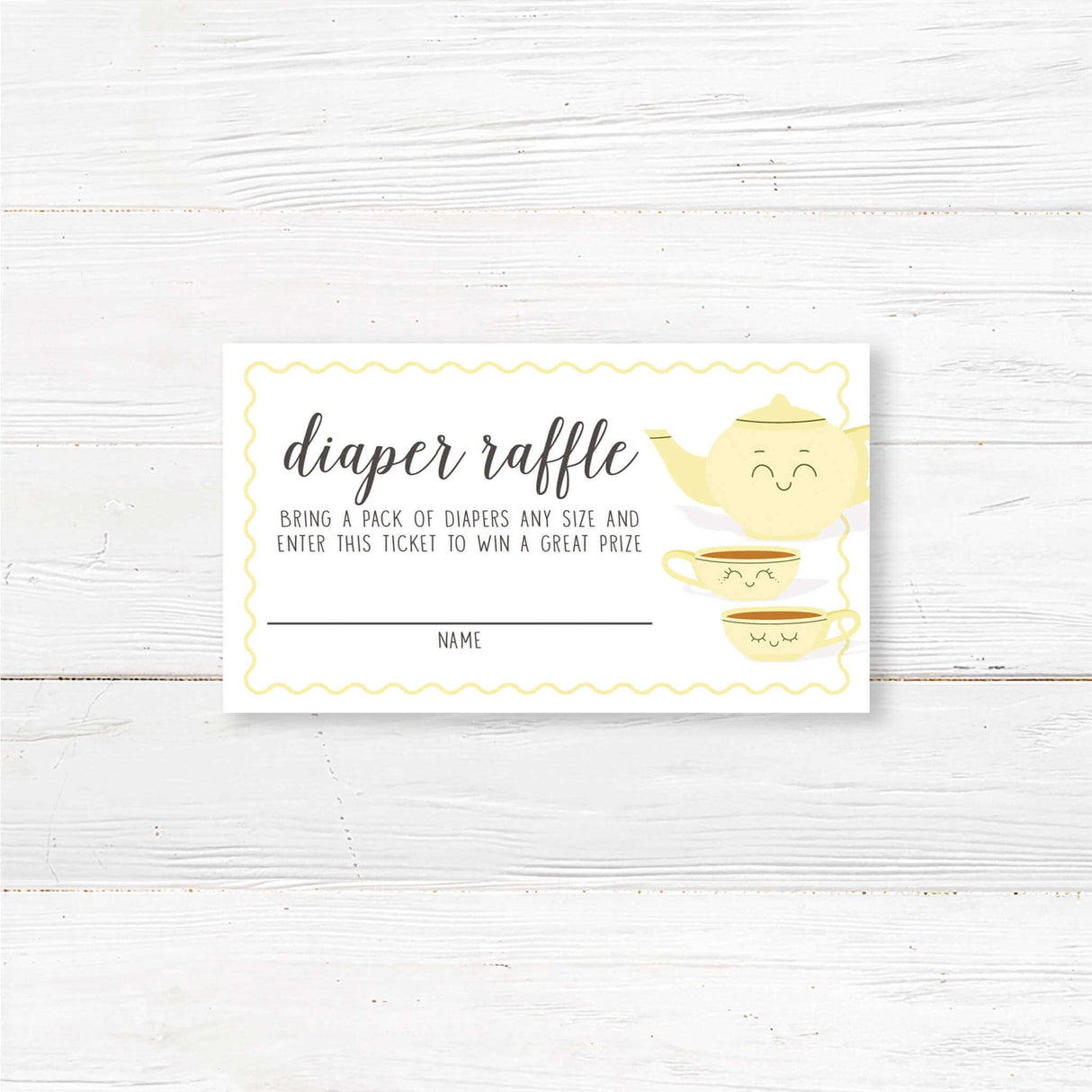 Tea for Two baby shower diaper raffle ticket with adorable teapot and teacup design. Printed on premium cardstock, perfect for a tea party baby shower game