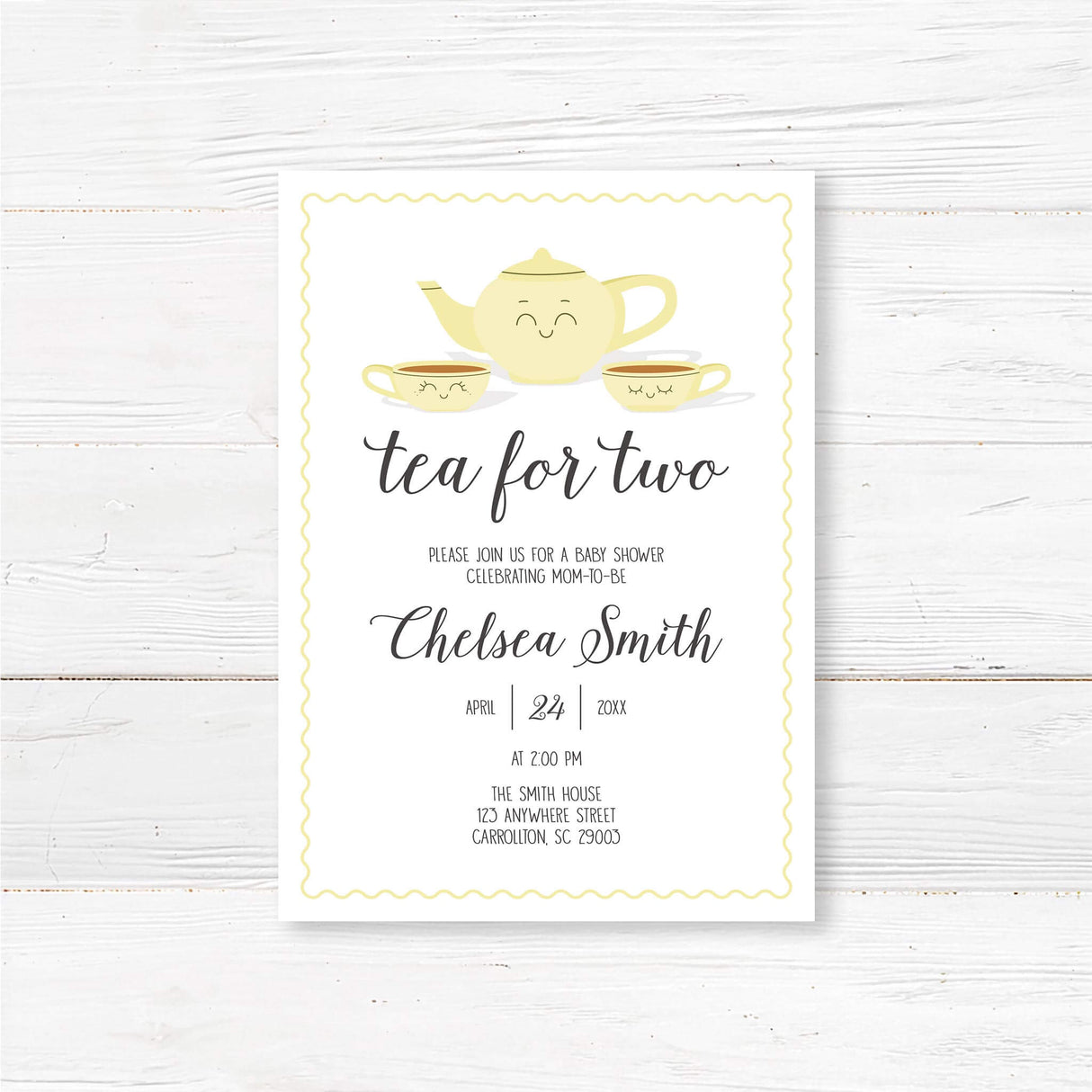 Printed Tea for Two baby shower invitation featuring a cute smiling teapot and teacups, elegant script font, and soft pastel colors. Perfect for a tea-themed baby shower.