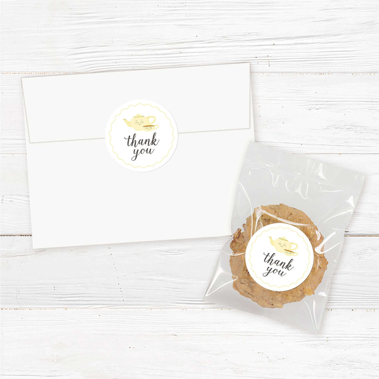 Tea party baby shower favor stickers with an adorable teapot and teacup design. High-quality printed adhesive labels for sealing favor bags, jars, or boxes