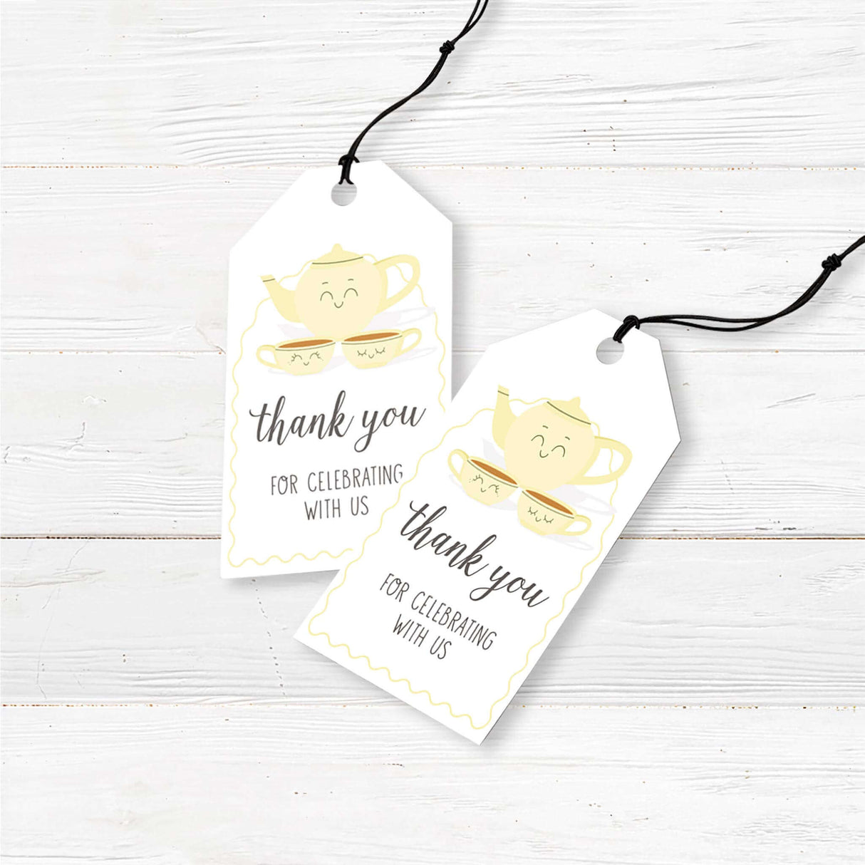 Printed Tea for Two baby shower favor tags with a charming teapot and teacup design. Pre-cut and pre-punched, perfect for tying onto party favors or thank-you gifts.