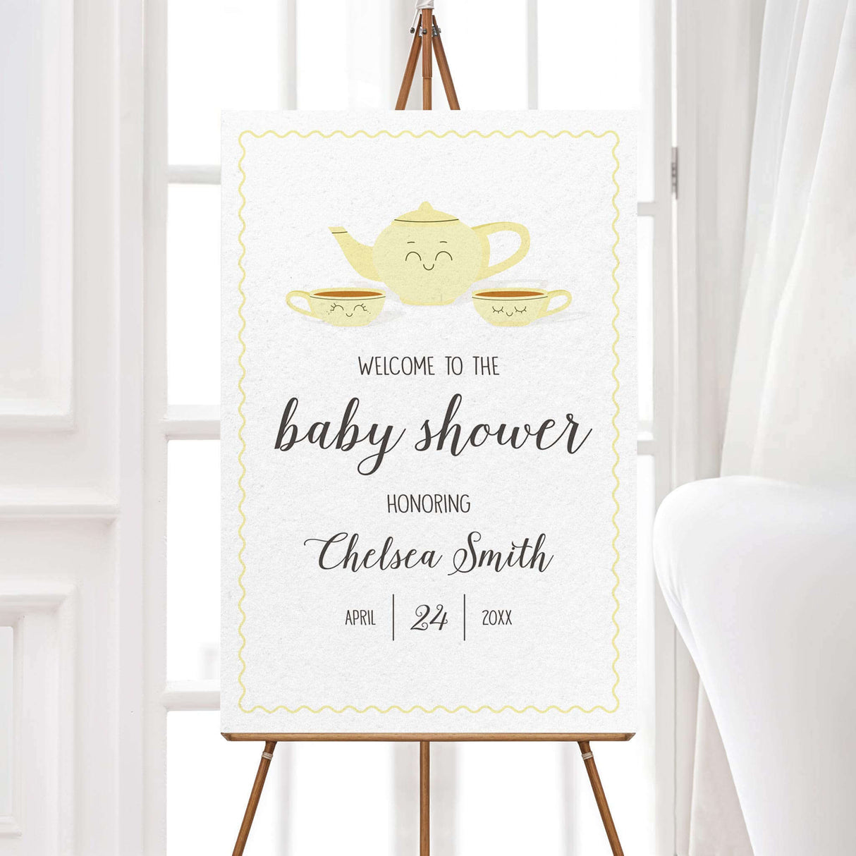 Tea for Two baby shower welcome sign with vintage-style teapot and teacup illustration. Professionally printed, ideal for greeting guests at a tea-themed baby shower