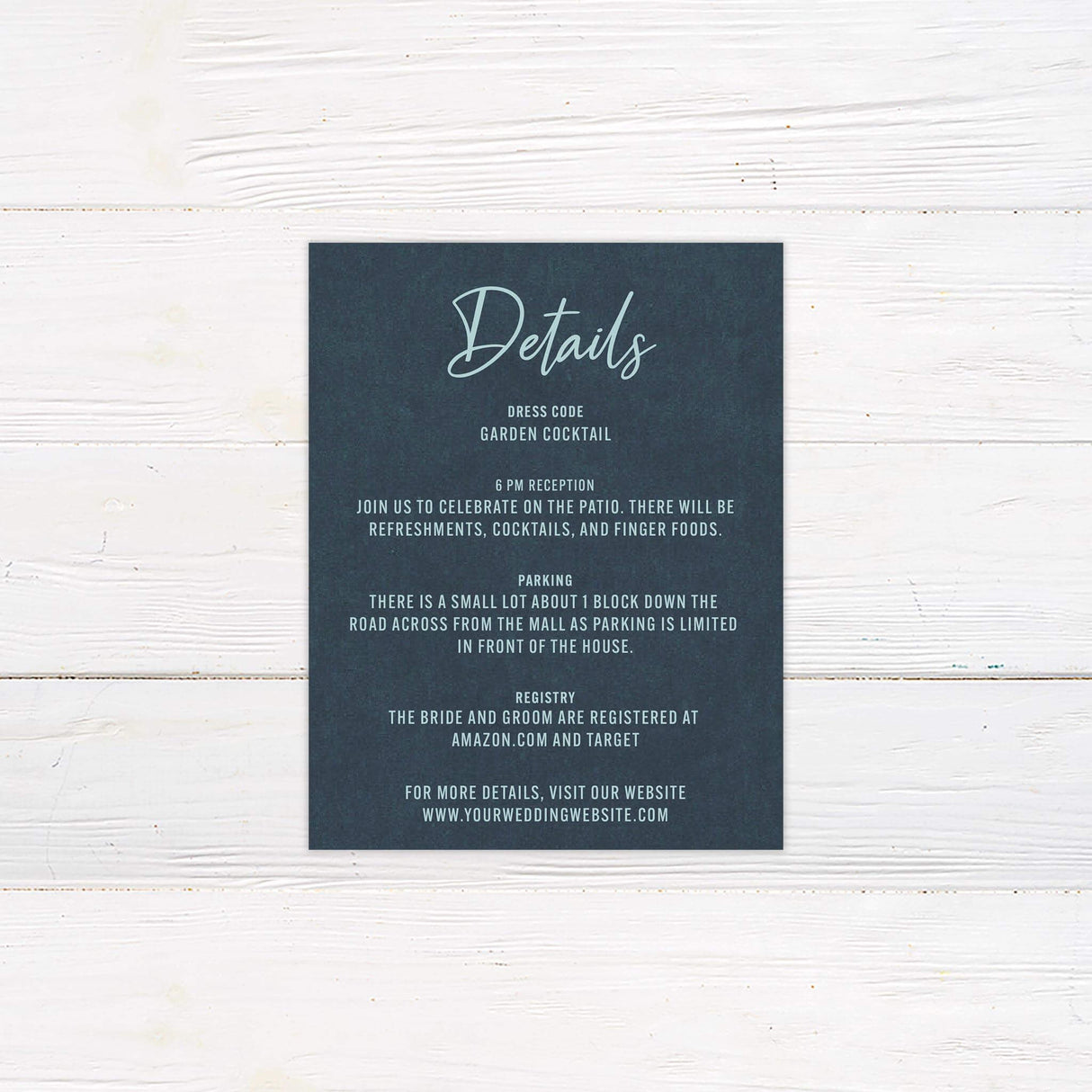 Detail insert with coordinating teal geometric border and matching fonts for directions, hotel info, or itinerary.
