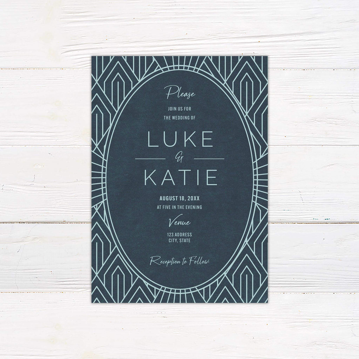 Teal Art Deco wedding invitation with bold geometric lines and modern fonts on a deep blue background for a 1920s Gatsby-inspired celebration.