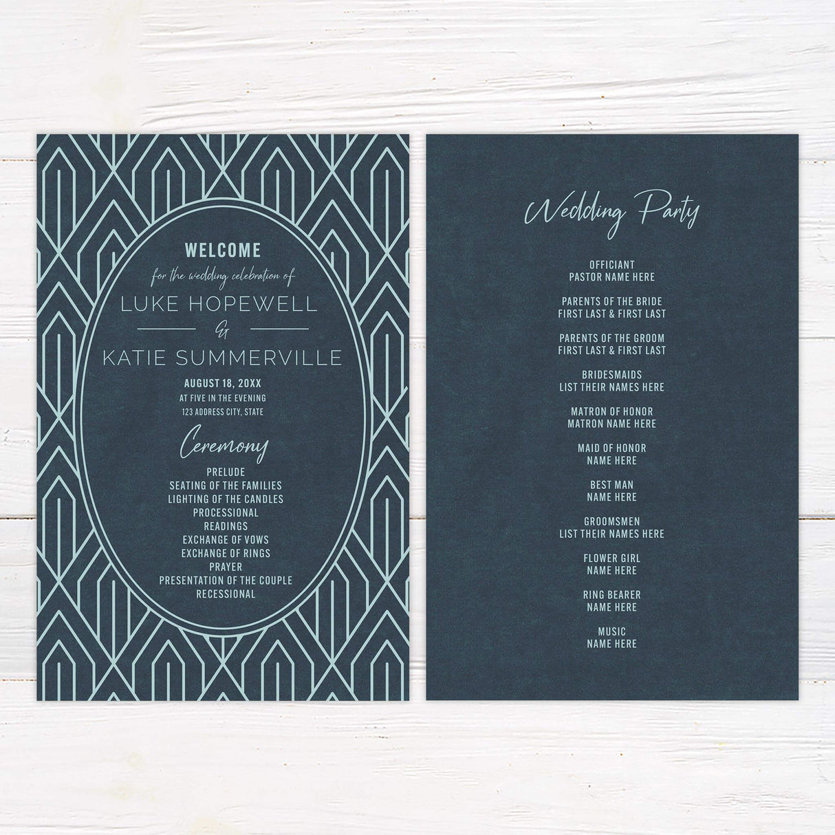 Wedding program with Art Deco layout in teal and blue tones for elegant Gatsby-style celebrations.