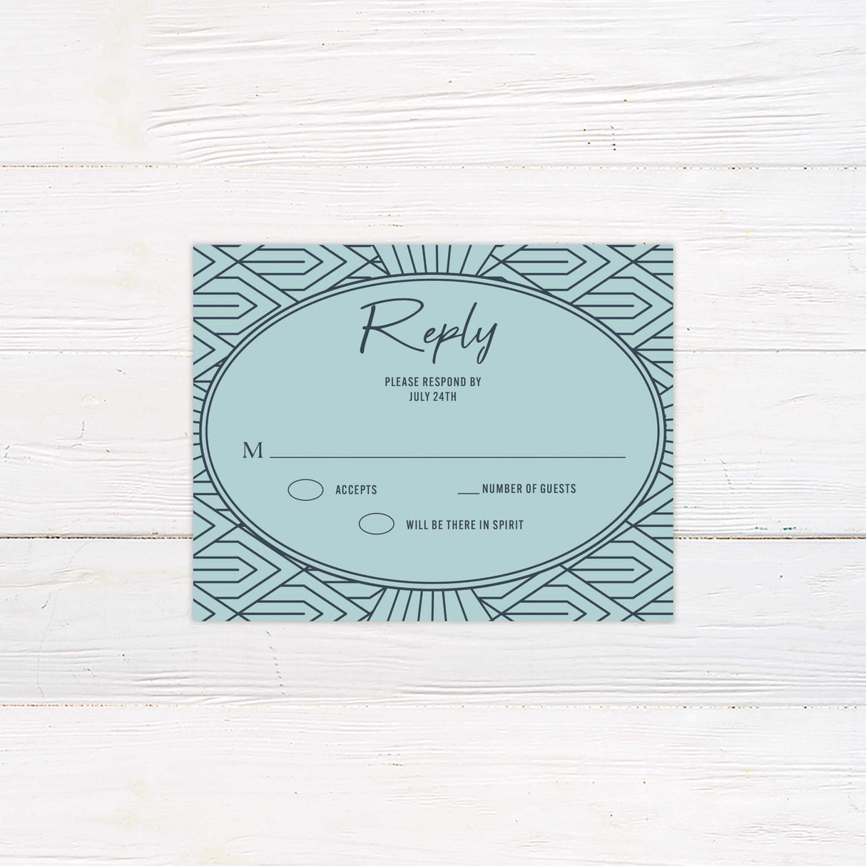 Matching RSVP card with teal Art Deco pattern and bold typography for vintage-themed weddings