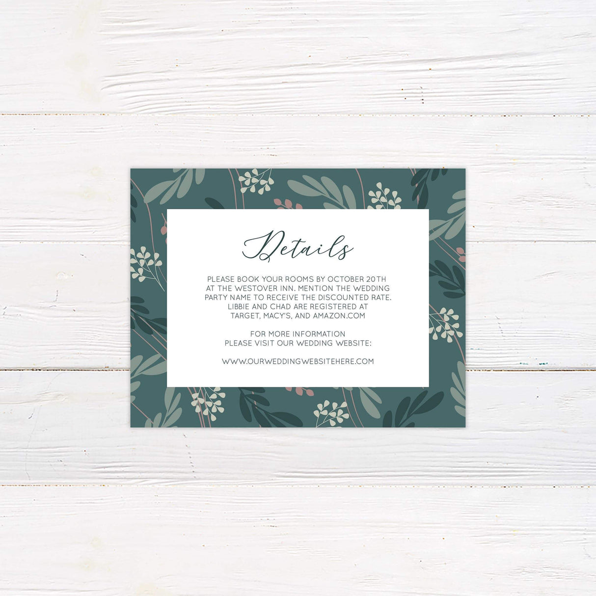Matching detail card featuring teal foliage background and soft pink accents for event information.