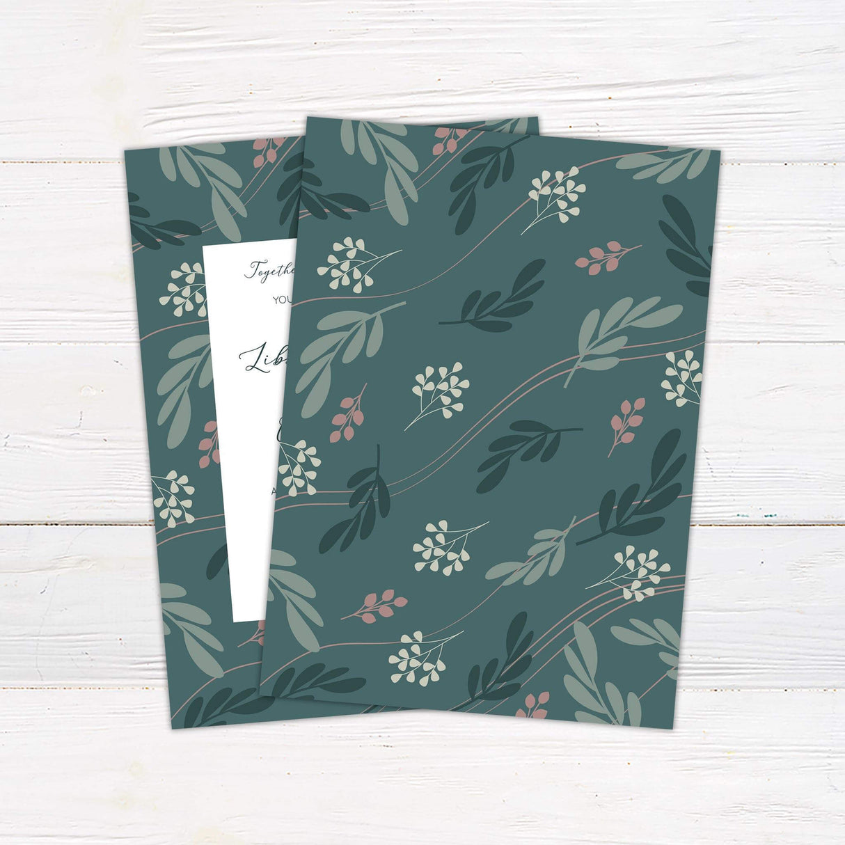 Modern teal wedding invitation with botanical leaf and berry pattern and elegant script text, perfect for garden or nature-themed weddings.- back side