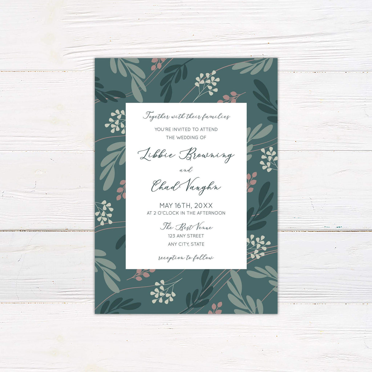 Modern teal wedding invitation with botanical leaf and berry pattern and elegant script text, perfect for garden or nature-themed weddings.