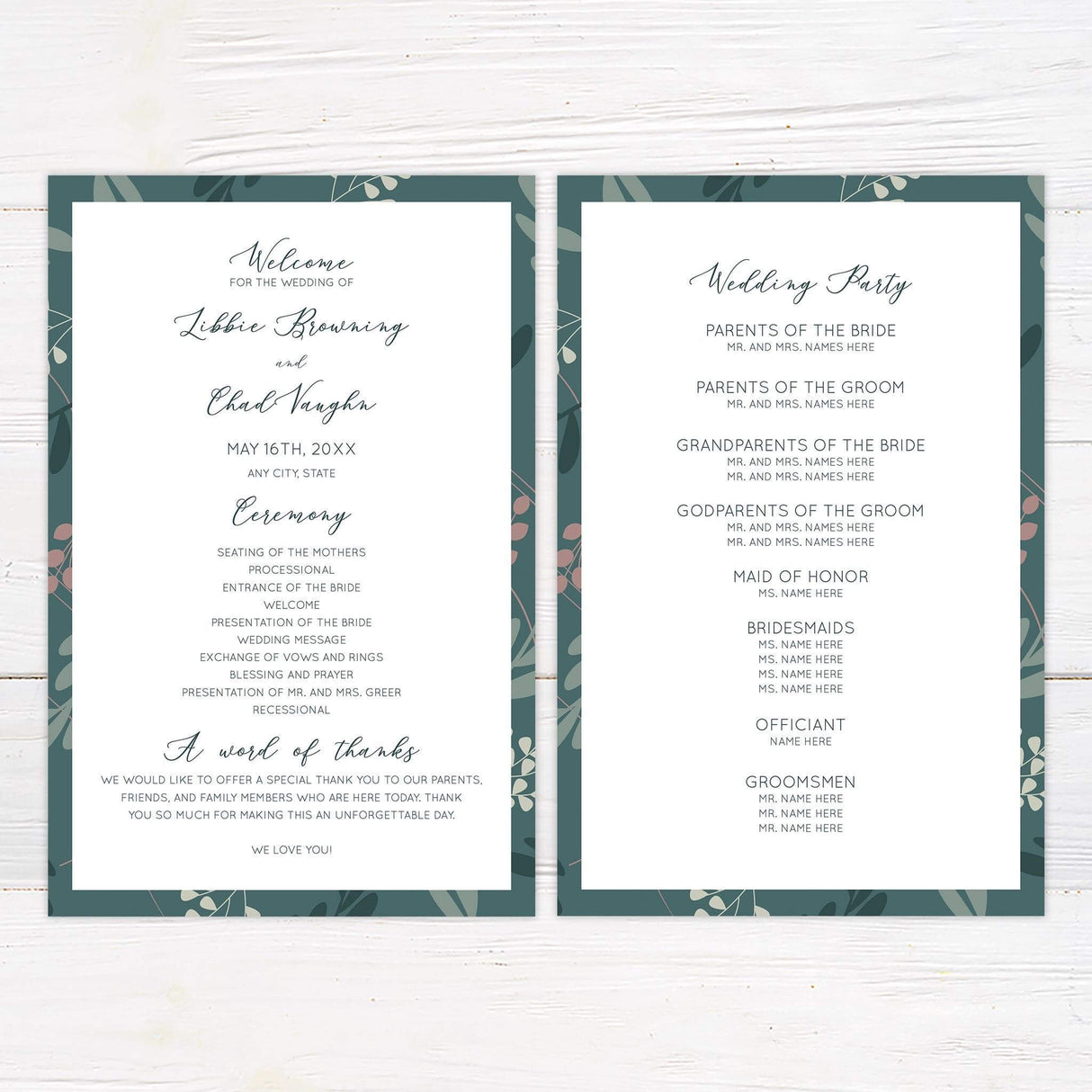 Wedding program with cohesive botanical elements in teal and blush, paired with modern fonts.