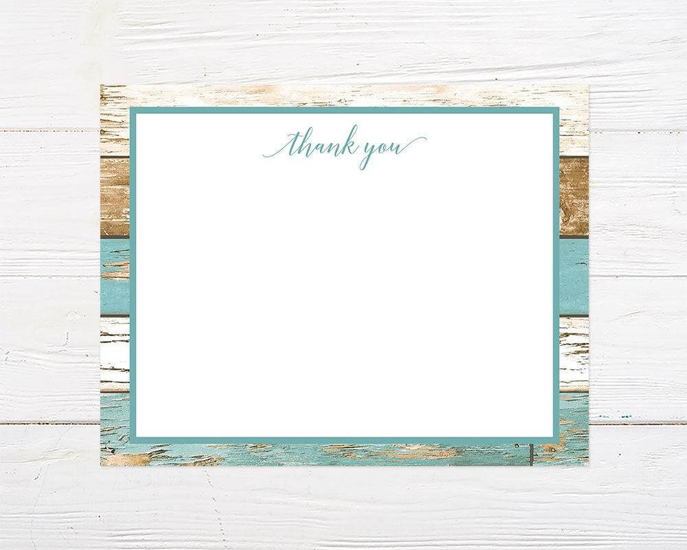 A teal wood bridal shower thank you card with teal text and a rustic wood background. The design features a clean layout with a modern script font.