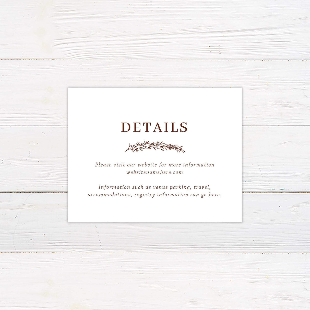 Coordinating detail card with burnt orange background and matching rustic botanical elements.