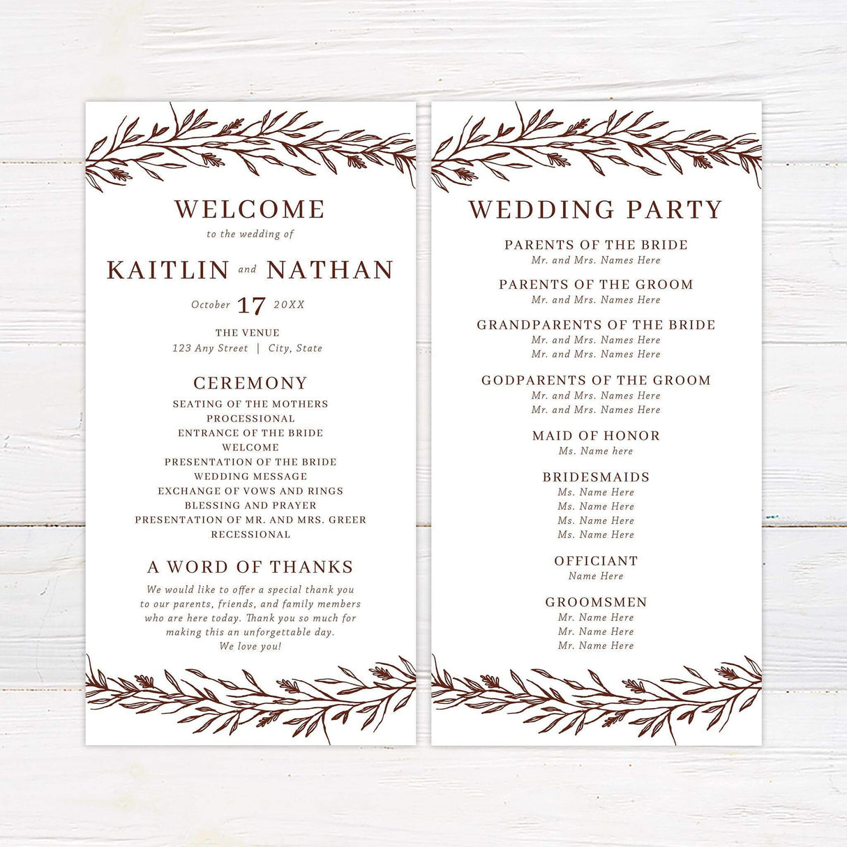 Wedding program printed with matching autumn wreath and elegant layout.