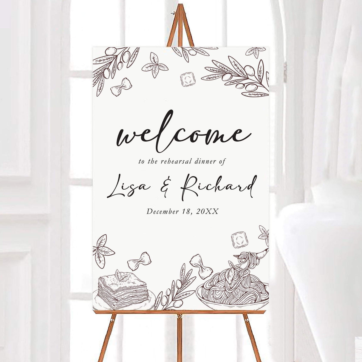A delicious and charming That's Amore welcome sign featuring illustrated pasta, lasagna, olives herbs, and classic Italian ingredients.