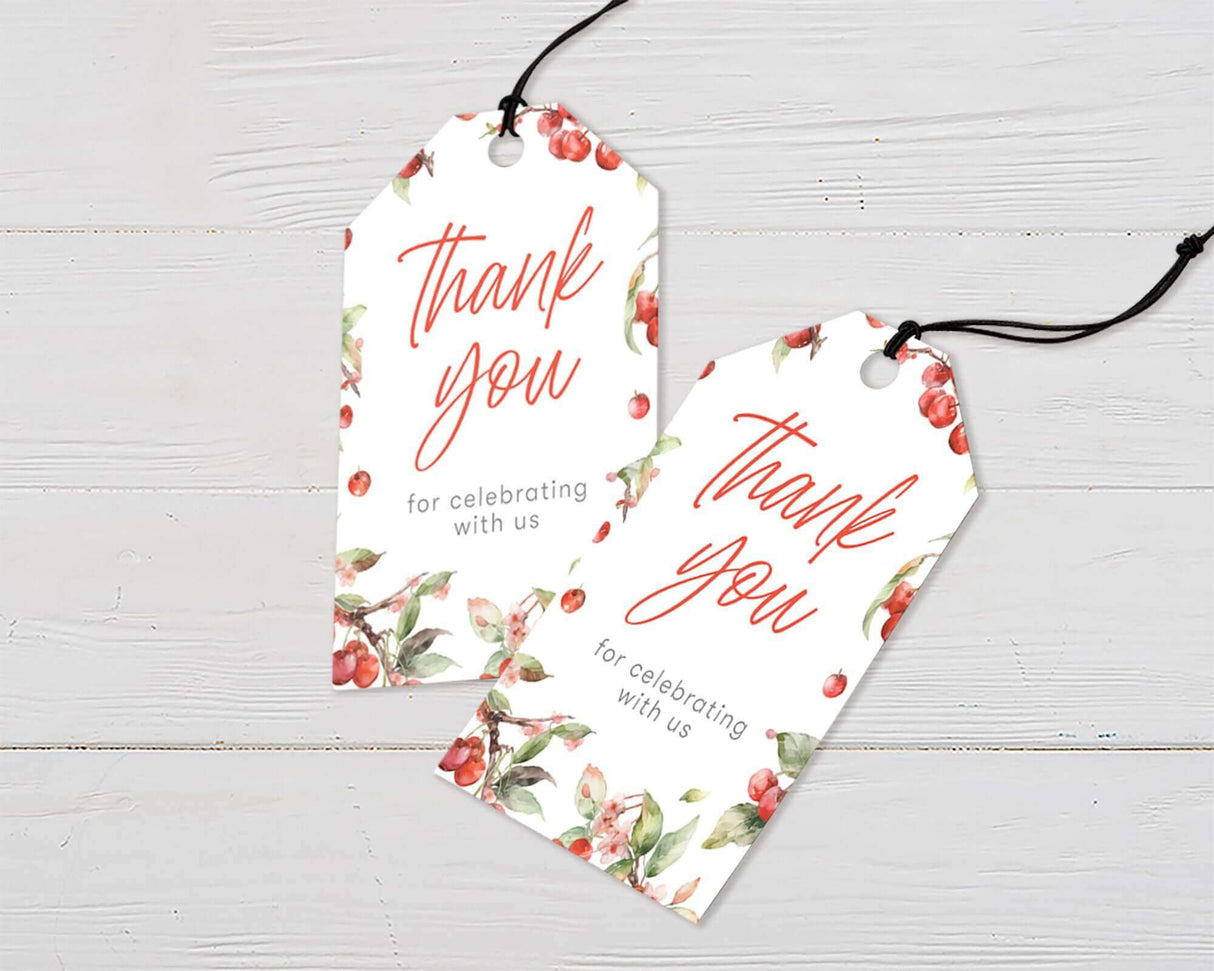 Thank you tags with apple and cherry blossom design for baby shower