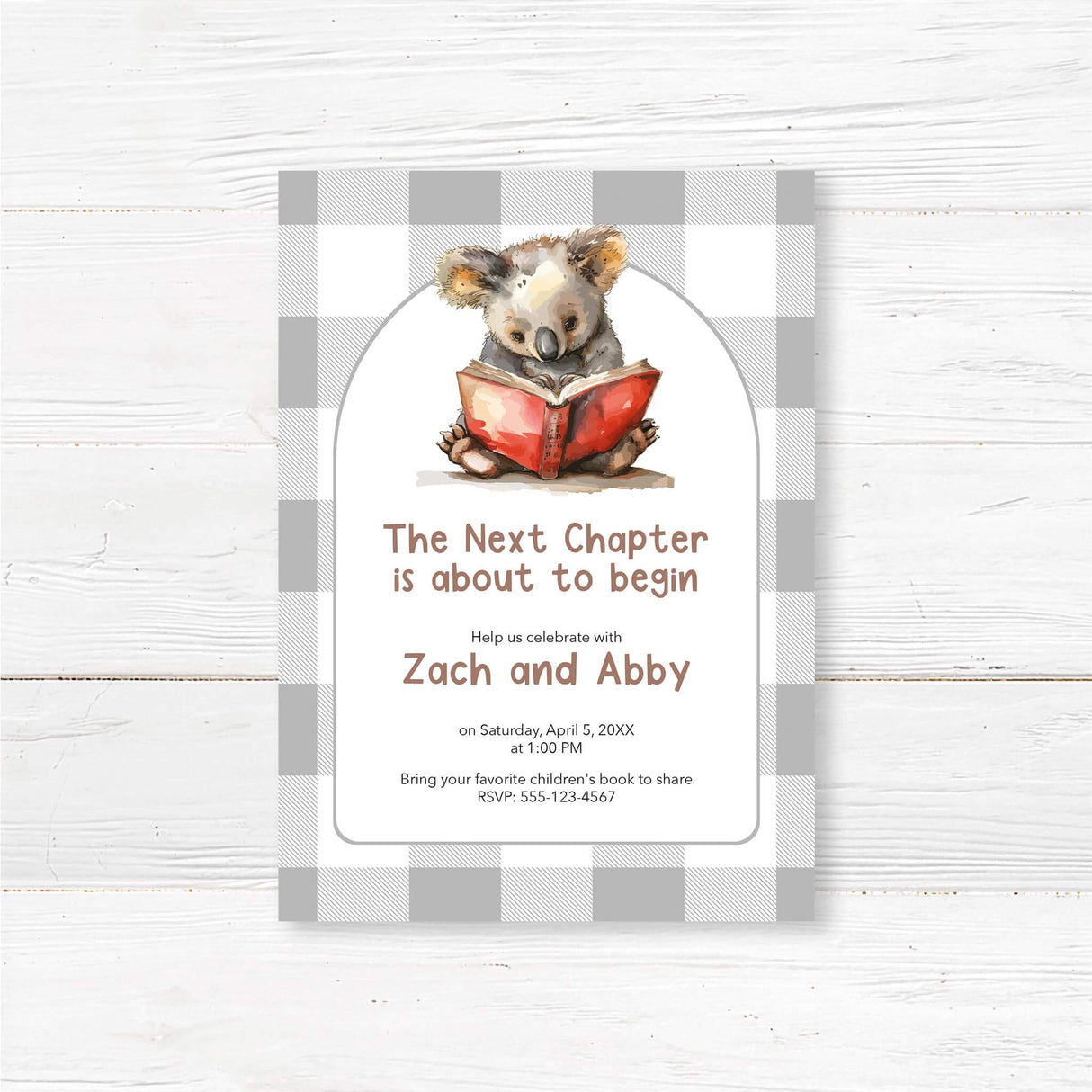 Book-themed baby shower invitation featuring a watercolor koala reading a red book, set against a neutral buffalo plaid background. Text reads "The Next Chapter is about to begin," with customizable event details. Perfect for literary or woodland-themed celebrations.